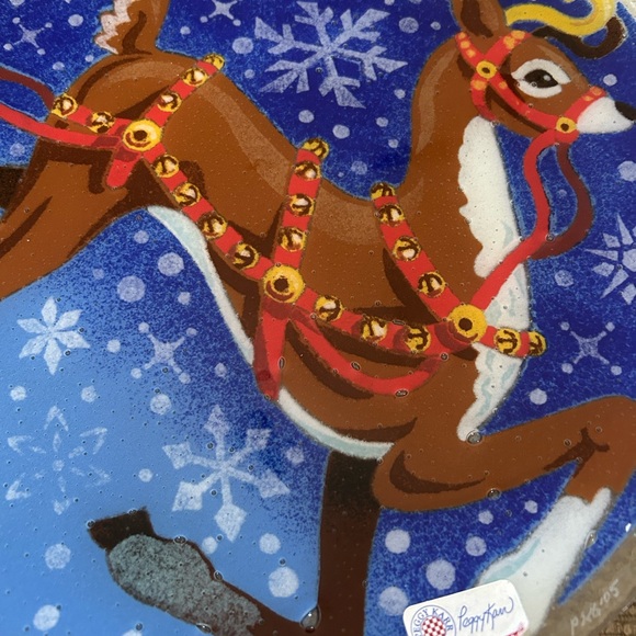Peggy Karr Retired 14” Christmas Reindeer Fused Art Glass Platter/Plate. New - Picture 7 of 11